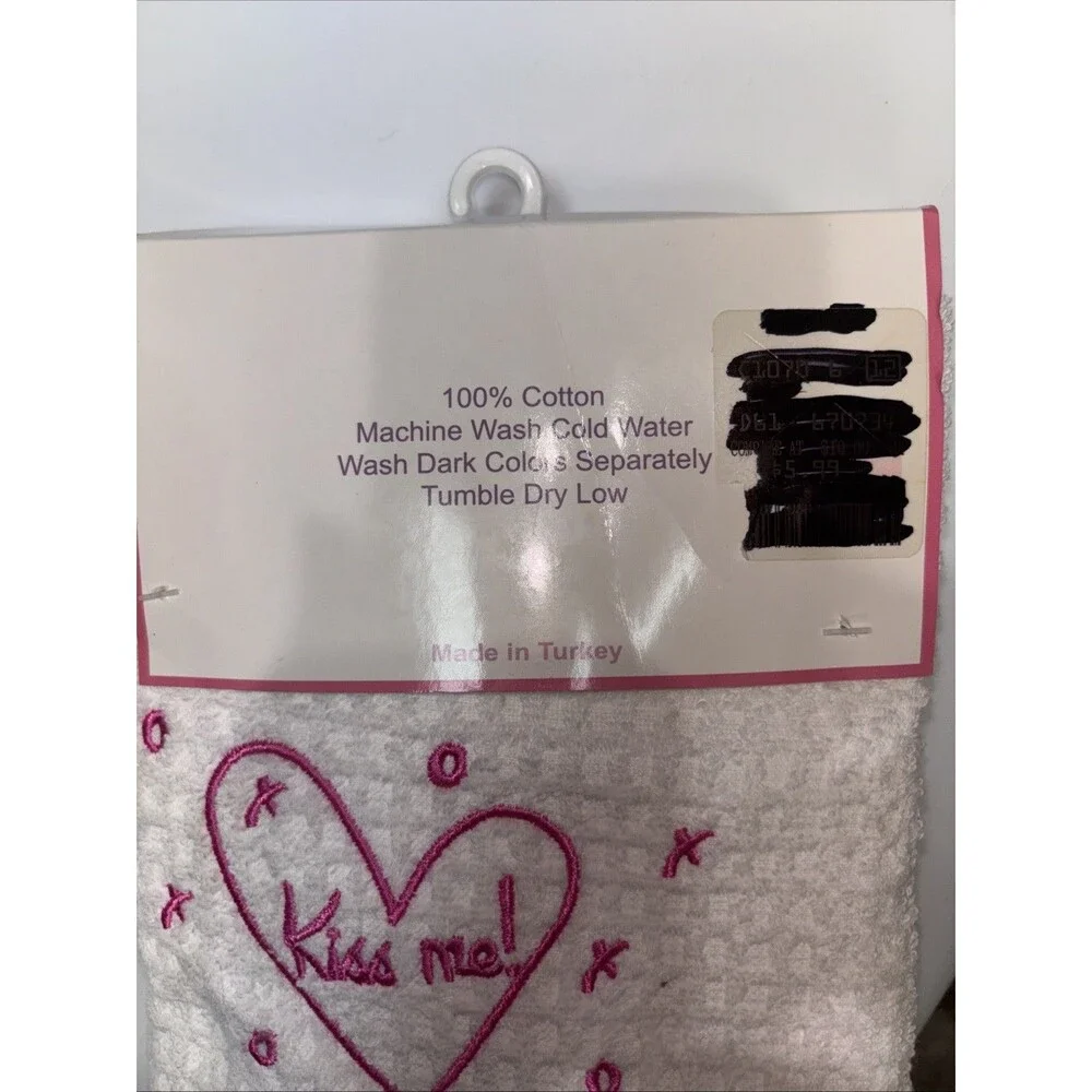 CASABA Kitchen Towel Set Of 2 Turkish Cotton White Pink Kiss Me! Embroidered